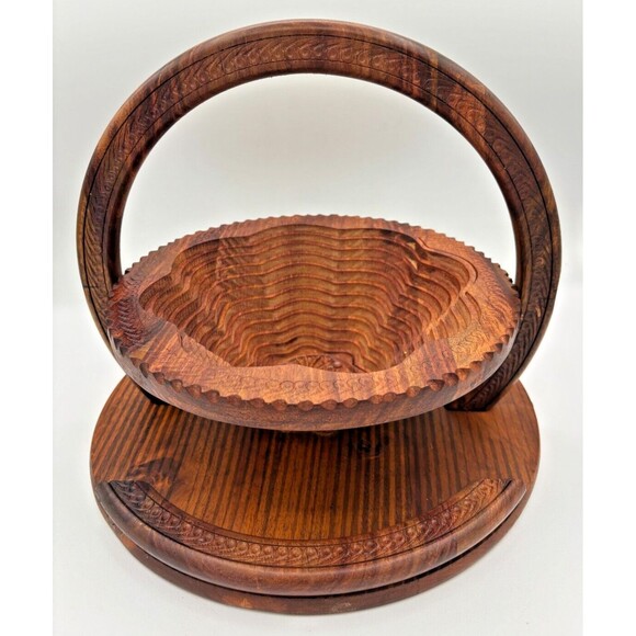 Handmade Carved Wooden Collapsible Basket Folding Dry Fruit Handled Bowl Trivet - Picture 1 of 14